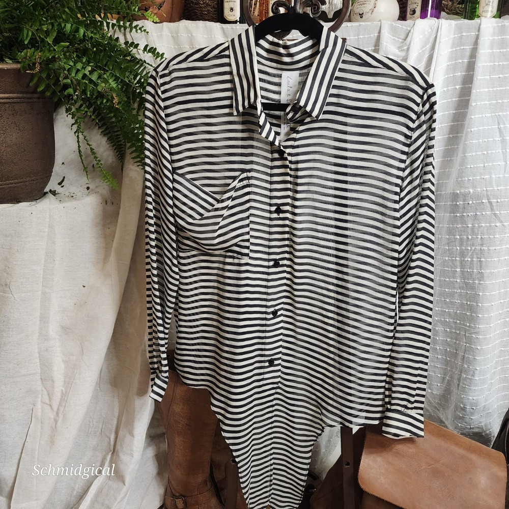 Laila & Savannah 100% Silk Striped Tie Front Button Down Shirt Black White Small